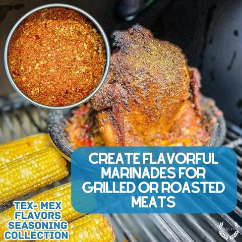 A close-up of grilled chicken, corn cobs, and Gustus Vitae's Tex-Mex Gourmet Seasoning 6-Pack Collection on a grill. Text: Create flavorful marinades for grilled or roasted meats with this handcrafted spice set, made in the USA.