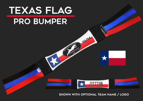 The Dock Diving Bumper Tug - Competition Series Weighted - Texas Flag by Bulletproof Pet Products Inc features blue, white, and red stripes, a white star, optional team name or logo, and Texas flag on the right—ideal for professional dog training.