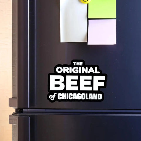 A black fridge door with sticky notes and a Chatelet Manufacturing Decorative Fridge Magnet—The Original Beef of Chicagoland. A great gift for fans of the hit TV show The Bear.