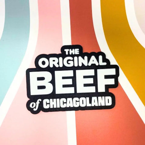 The Chatelet Manufacturing Decorative Fridge Magnet, inspired by the hit TV show The Bear, features The Original Beef of Chicagoland on wavy pastel stripes—perfect memorabilia or gift for fans.