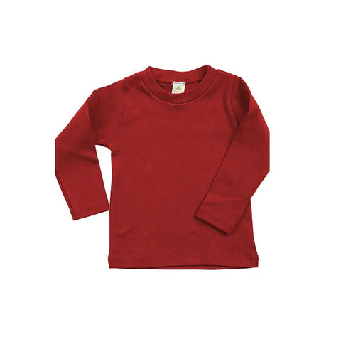 The Spiritex Long Sleeve Perfect Crewneck Tee is shown laid flat on a white background. Made from organic cotton baby rib, this sustainable red shirt features a simple round neckline and a small collar tag, ideal for sensitive skin.