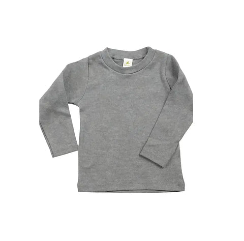 The Long Sleeve Perfect Crewneck Tee by Spiritex | Sustainable Apparel is a plain gray organic cotton shirt for kids, made with soft baby rib—ideal for sensitive skin and shown laid flat on a white background.