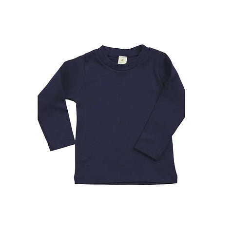The Long Sleeve Perfect Crewneck Tee by Spiritex | Sustainable Apparel, crafted from soft baby rib fabric in navy blue, is displayed flat on a white background.