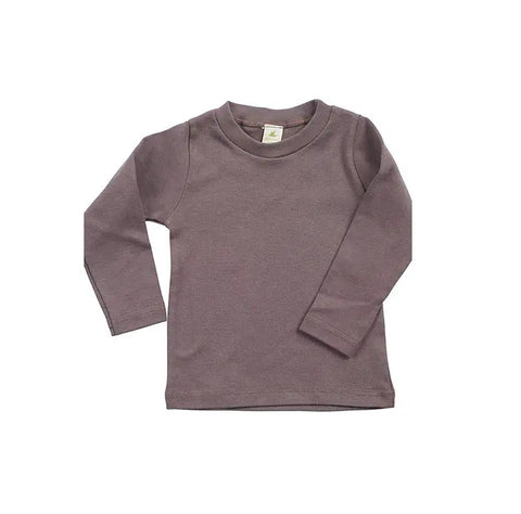 The Spiritex Long Sleeve Perfect Crewneck Tee is a soft, baby rib children’s shirt in brownish-purple, ideal for sensitive skin and shown on a white background.