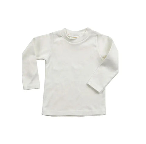 The Spiritex Long Sleeve Perfect Crewneck Tee is laid flat on a white background. Made from soft baby rib fabric, this simple, unadorned shirt suits both children and adults with sensitive skin. Sustainable Apparel by Spiritex.
