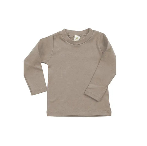 The Spiritex Long Sleeve Perfect Crewneck Tee is a light brown, organic cotton rib shirt for kids, laid flat on a white surface—ideal for sensitive skin.