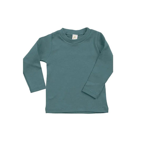 The Spiritex Long Sleeve Perfect Crewneck Tee, made from soft baby rib fabric, is shown in teal with a plain design—ideal for sensitive skin. Sustainable children’s apparel displayed against a white background.