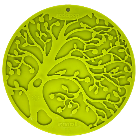 The SodaPup Tree of Life Design EMat Enrichment Lick Mat with suction cups is a bright green, round silicone mat for dogs, featuring a raised tree branch pattern and embossed branding—ideal for soothing enrichment through licking.