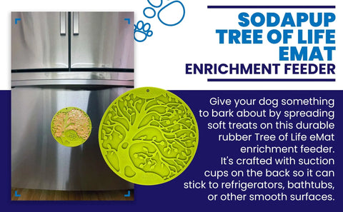 The SodaPup Tree of Life Design EMat Enrichment Lick Mat With Suction Cups, shown on a stainless steel fridge, boosts dog enrichment by holding treats and sticking to smooth surfaces—licking helps soothe your dog.
