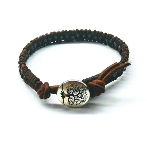 The Alexa Martha Designs Tree of Life Button Brown Gray Leather Wrap Seed Bead Bracelet features a round metal charm and adjustable knotted cords, shown on a white background.