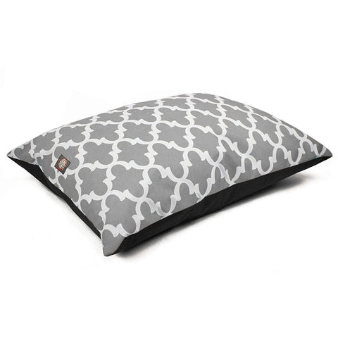 The Majestic Pet Trellis Super Value Dog Bed features a gray and white geometric trellis cover, is rectangular, machine washable, and shown against a white background.