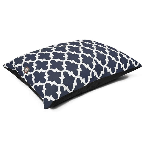 The Majestic Pet Trellis Super Value Dog Bed is a rectangular pillow with a navy blue cover and white geometric lattice pattern, offering style and easy care. Machine washable, its shown on a white background.