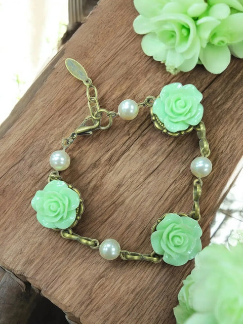 Triple Rose Charm Bracelet | Light Pink & Mint Green | Floral Jewelry Michelle Marie Boutique  Bracelets