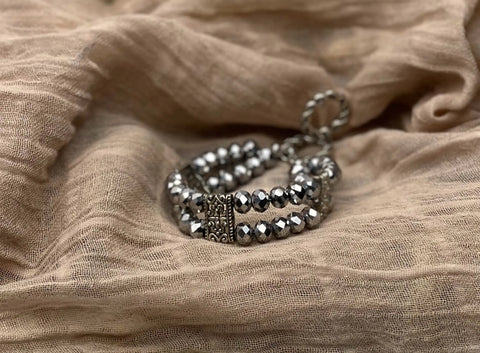 Triple Strand Metallic Silver Beaded Bracelet – Handcrafted Crystal Accent Jewelry | Made in USA Michelle Marie Boutique  Bracelet