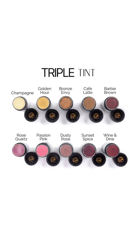 A set of 10 Triple Tint Therapy - Lip, Cheek & Eye Color by Cheryl Kelly & Co., in shades from Champagne to Wine & Dine, displayed in eco-friendly packaging and infused with nourishing plant squalane.