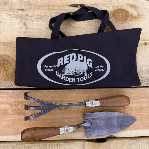 Trowel and Three-Tine Cutlivator Set in Tote Bag Red Pig Garden Tools 