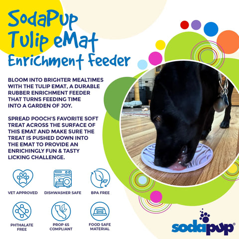 A black dog enjoys the SodaPup Tulip Design EMat Enrichment Lick Mat With Suction Cups, shown in purple on the floor. The BPA-free, dishwasher-safe, vet-approved mat features colorful circular designs in the background.