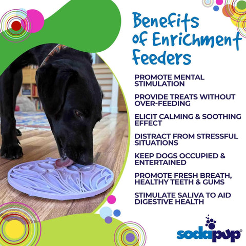 A black dog licks a purple Tulip Design EMat Enrichment Lick Mat With Suction Cups by SodaPup on the floor. Colorful text highlights benefits like mental stimulation and healthy teeth. The SodaPup logo is at the bottom.