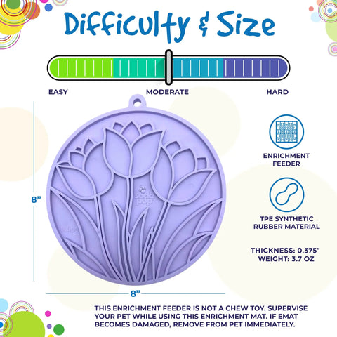 The SodaPup Tulip Design EMat is a round, lavender enrichment lick mat with suction cups, a raised tulip pattern, and an 8-inch diameter. Rated “moderate” in difficulty. Product details and care tips surround the image.