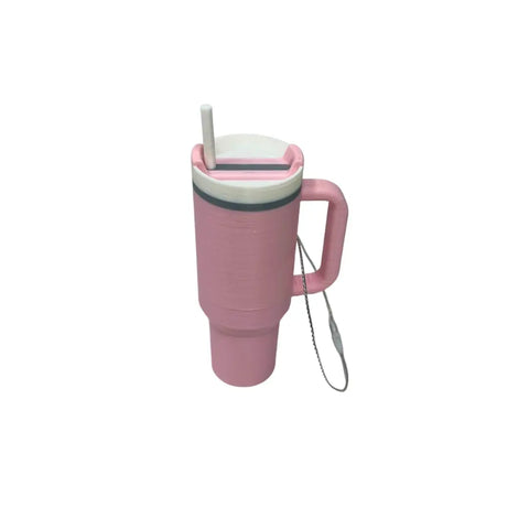 The Tumbler Cup Replica Christmas Ornament by Chatelet Manufacturing features a tall pink mug with handle, white lid, straw, and detachable strap—perfect for your tree. Made in the USA. 2023 popular water bottle replica mug holiday ornament.