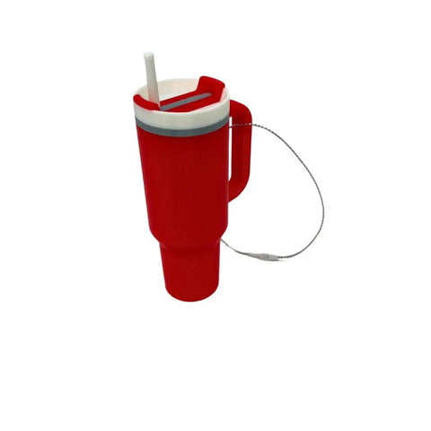 The Chatelet Manufacturing Tumbler Cup Replica Christmas Ornament is a large red holiday ornament featuring a handle, white lid and straw, and a metal loop—perfect for decorating your tree. Made in USA. 2023 popular water bottle replica mug design.