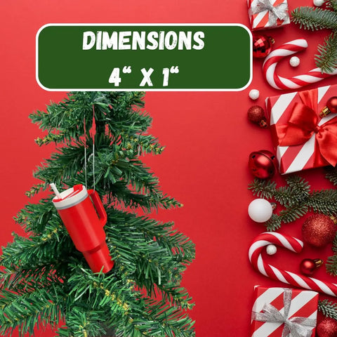A small artificial Christmas tree features the Chatelet Manufacturing Tumbler Cup Replica Christmas Ornament, a 2023 popular water bottle mug, on a red background with gifts, candy canes, and ornaments. DIMENSIONS 4 x 1. Made in USA. Perfect unique décor!.