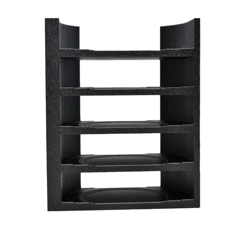 The Chatelet Manufacturing Lid Organizer Rack, compatible with Yeti Rambler & Tumblers, holds 5 lids plus metal straws. This black, four-tier organizer is shown upright against a white background. Made in the USA.