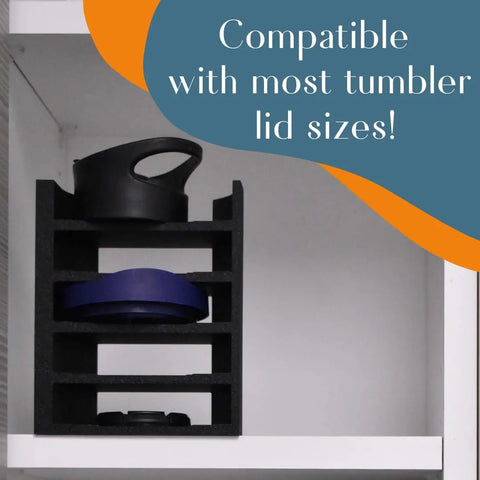 A black Chatelet Manufacturing Lid Organizer Rack holds various tumbler lids and metal straws on a white shelf. Banner text: Compatible with all Yeti Rambler & tumbler lid sizes! Made in USA. Perfect for organizing your drinkware accessories.