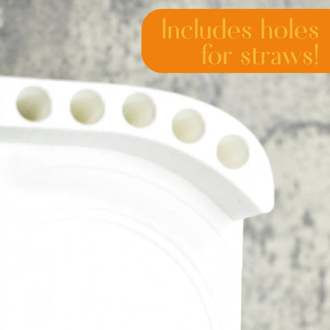 Close-up of a white tumbler lid with six straw holes. Top right: orange box reads Includes holes for straws! Perfect for Chatelet Manufacturing’s Lid Organizer Rack, compatible with Yeti Rambler & Tumblers. Gray, textured background. Made in USA.