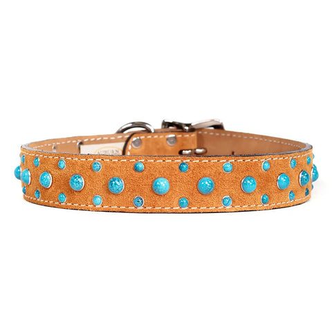 Turquoise Cabachon Studded Suede Dog Collar 8-26 Inch Adjustable – Southwestern Style | Made in USA Auburn Leathercrafters  item