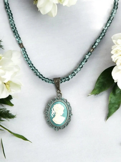 Turquoise Cameo Pendant Necklace – Victorian Style Beaded Crystal Chain | Made in USA Handcrafted Jewelry Michelle Marie Boutique  Necklaces