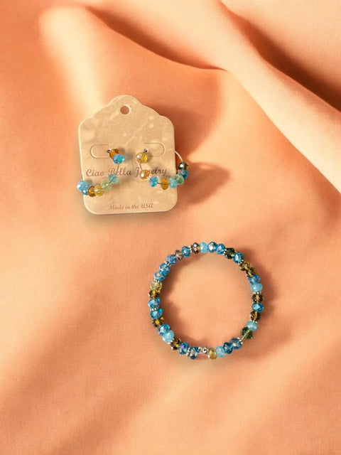 Turquoise Gold Beaded Wrap Bracelet And Hoop Earrings Set – Handmade Jewelry Accessories | Made In USA Michelle Marie Boutique  Bracelet Set