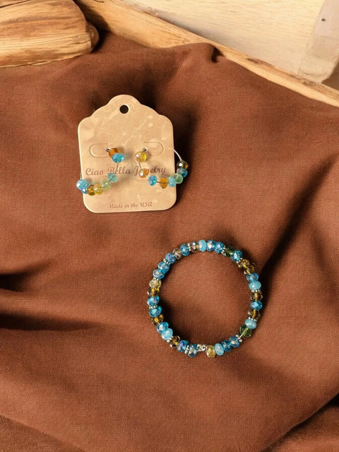 Turquoise Gold Beaded Wrap Bracelet And Hoop Earrings Set – Handmade Jewelry Accessories | Made In USA Michelle Marie Boutique  Bracelet Set