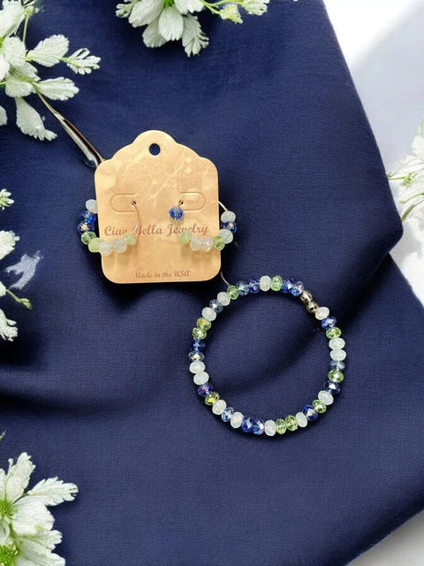 Turquoise Green White Crystal Beaded Bracelet And Hoop Earrings Set – Handmade Jewelry | Made In USA Michelle Marie Boutique  Bracelet Set
