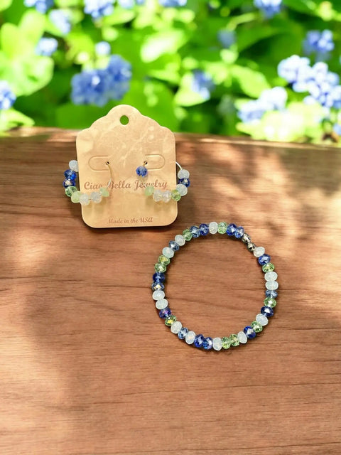 Turquoise Green White Crystal Beaded Bracelet And Hoop Earrings Set – Handmade Jewelry | Made In USA Michelle Marie Boutique  Bracelet Set