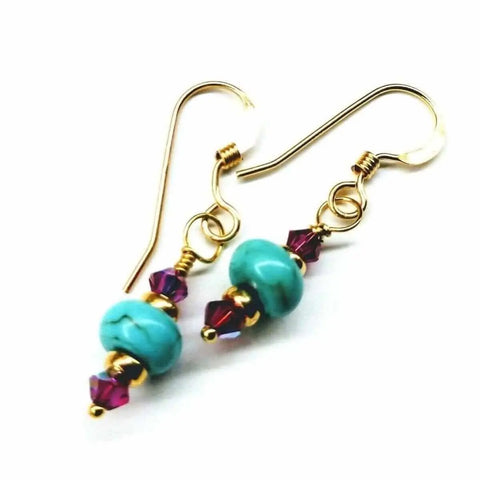 Turquoise Magnesite And Fuchsia Crystal 14K Gold Filled Earrings – Handmade | Made In USA Alexa Martha Designs  Earrings