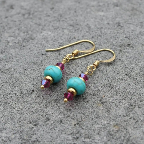 Turquoise Magnesite And Fuchsia Crystal 14K Gold Filled Earrings – Handmade | Made In USA Alexa Martha Designs  Earrings