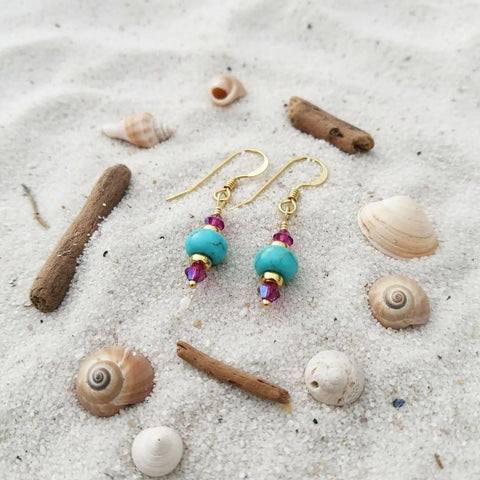 Turquoise Magnesite And Fuchsia Crystal 14K Gold Filled Earrings – Handmade | Made In USA Alexa Martha Designs  Earrings