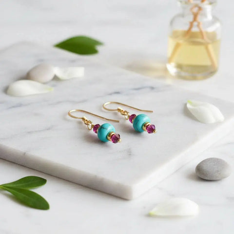 Turquoise Magnesite And Fuchsia Crystal 14K Gold Filled Earrings – Handmade | Made In USA Alexa Martha Designs  Earrings