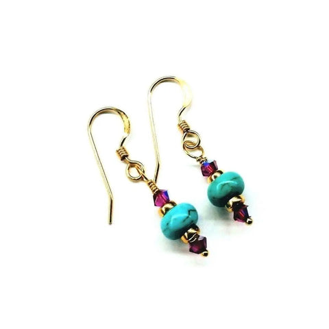 The Alexa Martha Designs Hot Pink and Turquoise 14K Gold Filled Earrings feature turquoise magnesite beads and small purple Swarovski crystals, shown against a white background.