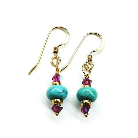 A pair of Hot Pink and Turquoise 14K Gold Filled Earrings by Alexa Martha Designs shown on a white background.