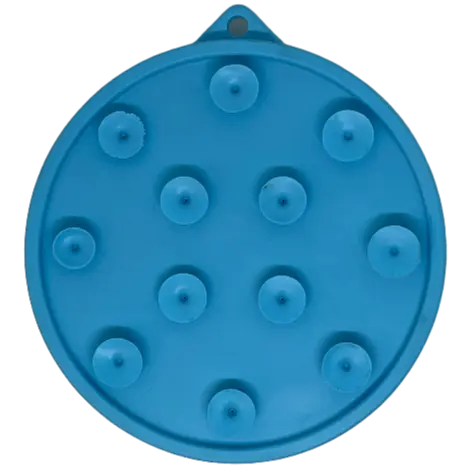 The SodaPup Turtle Emat-Mini Enrichment Lick Mat is a round blue plastic mat with twelve suction cups and a small hanging tab.