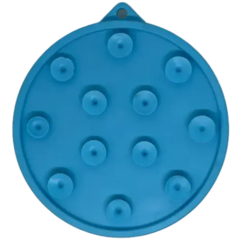 The SodaPup Turtle Emat-Mini Enrichment Lick Mat is a round blue plastic mat with twelve suction cups and a small hanging tab.