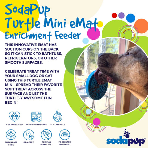 A dog enjoys the SodaPup Turtle Emat-Mini Enrichment Lick Mat with suction cups, shown stuck to a window. Text highlights slow treat feeding and its safe, sustainable, dishwasher-safe design. SodaPup logo and feature icons are visible.