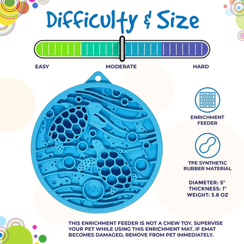 The SodaPup Turtle Emat-Mini Enrichment Lick Mat with Suction Cups is a blue, circular TPE mat (5 diameter, 1 thick, 3.8 oz) featuring raised patterns and honeycomb shapes for moderate difficulty to engage your pet’s senses at mealtime.