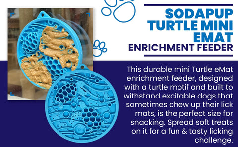A blue SodaPup Turtle Emat-Mini Enrichment Lick Mat With Suction Cups, featuring a turtle and honeycomb design, is covered in peanut butter and highlighted for its durability and value as an enrichment mat for dog snacking and mental stimulation.