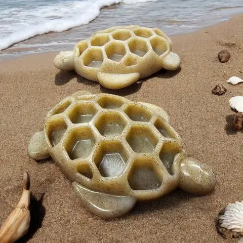 Two Turtle EChew Durable Nylon Chew and Enrichment Toys by SodaPup, featuring hexagonal openings, rest on a sandy beach near seashells with gentle ocean waves in the background.