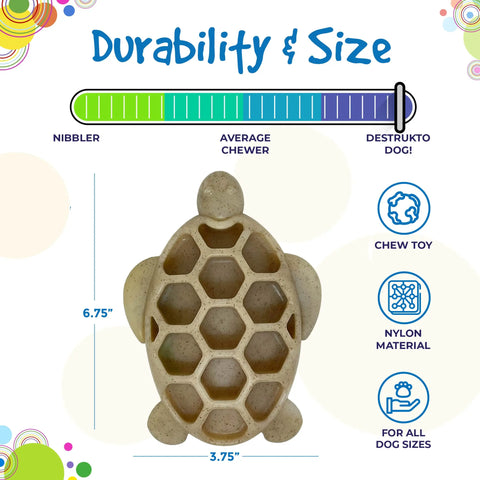 SodaPup Turtle EChew Durable Nylon Chew and Enrichment Toy measures 6.75 x 3.75, rated for “Average Chewer” to “Destrukto Dog.” An enrichment toy suitable for dogs of all sizes.