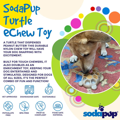 A dog enjoys the SodaPup Turtle EChew Durable Nylon Chew and Enrichment Toy on a mat. Colorful circles spotlight durability, vet approval, sustainability, and enrichment for lasting fun and wellness.