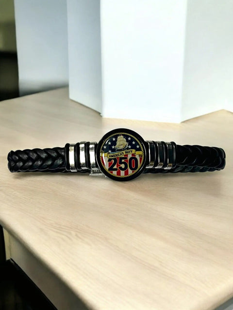 US Navy 250th Anniversary Braided Leather Bracelet – Adjustable Black Band – Handmade in USA Patriotic Gift Michelle Marie Boutique  Bracelets